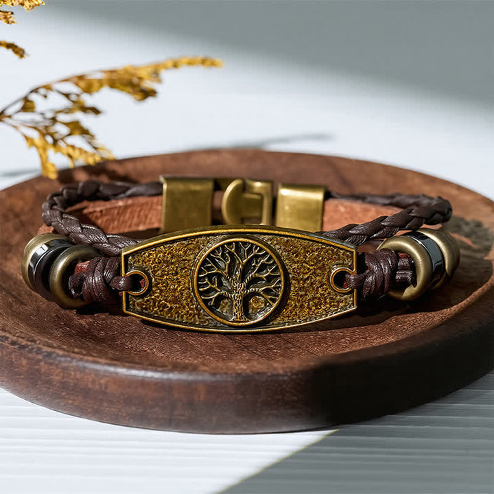 Bracelet vintage en bronze antique et cuir tressé multicouche - Arbre de la vie - image 9