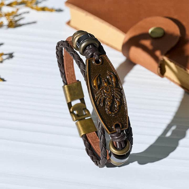 Bracelet vintage en bronze antique et cuir tressé multicouche - Scorpion - image 6