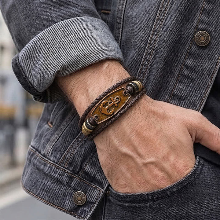 Bracelet vintage en bronze antique et cuir tressé multicouche - image 2