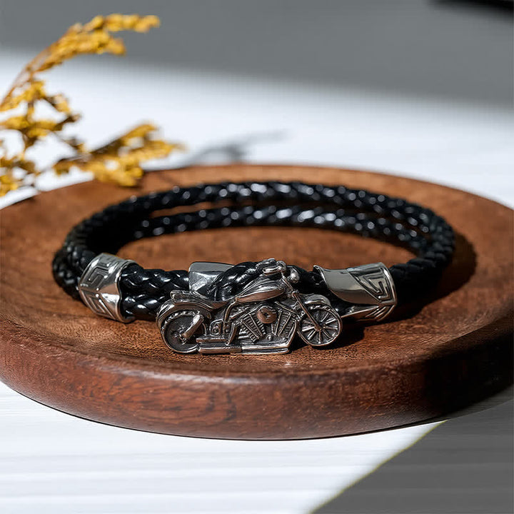Bracelet en cuir à motif punk rétro motard - Noir - image 0