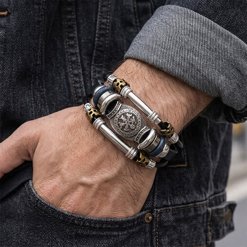 Bracelet en cuir multicouche style viking vintage - image 1