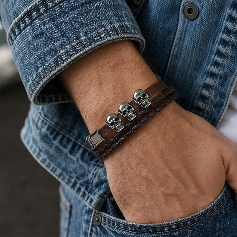 Bracelet en cuir tressé double couche à motif de crâne, style punk vintage - image 2
