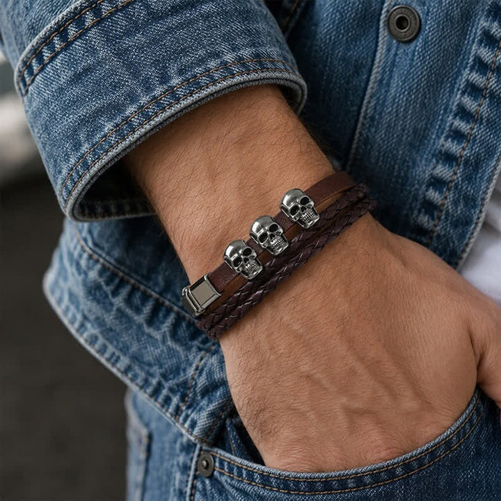 Bracelet en cuir tressé double couche à motif de crâne, style punk vintage - image 2