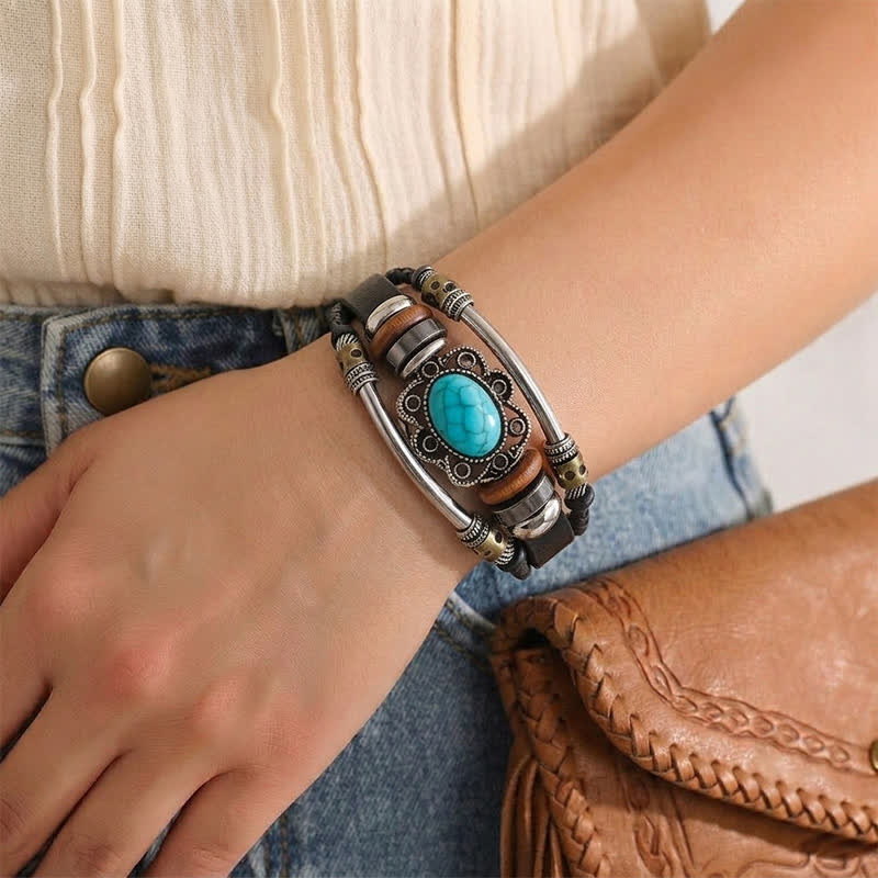 Bracelet en cuir tressé fait main style bohème avec breloque turquoise et breloque turquoise - image 2