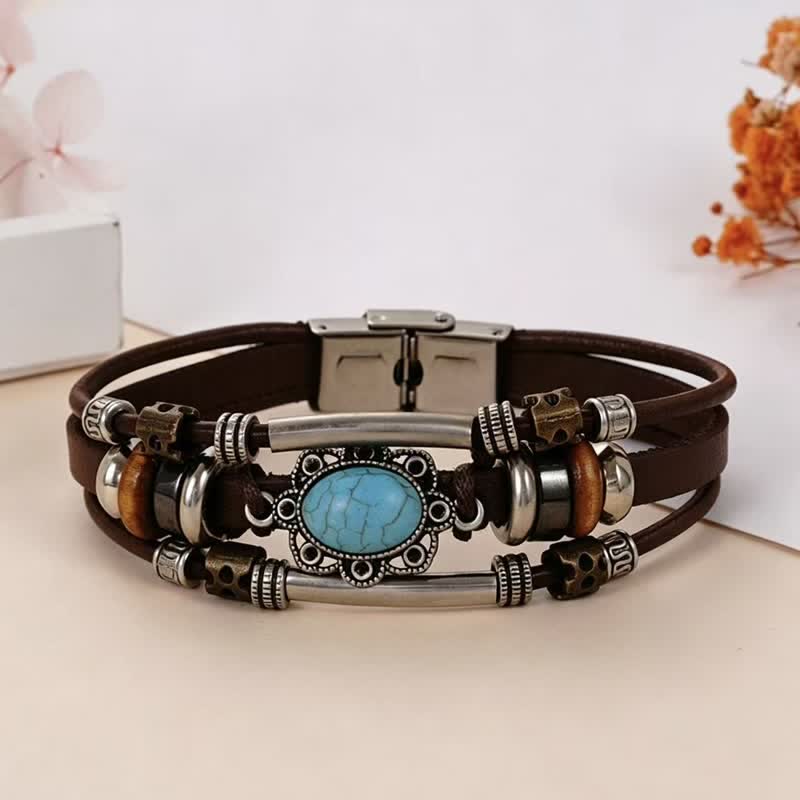 Bracelet en cuir tressé fait main style bohème avec breloque turquoise et breloque turquoise - Style n° 5 - image 7