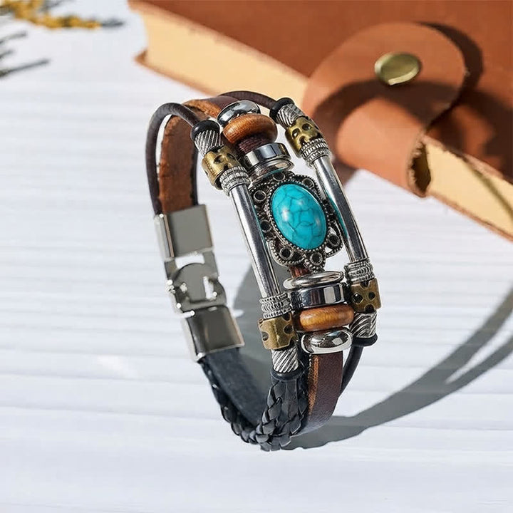 Bracelet en cuir tressé fait main style bohème avec breloque turquoise et breloque turquoise - Style n° 1 - image 0
