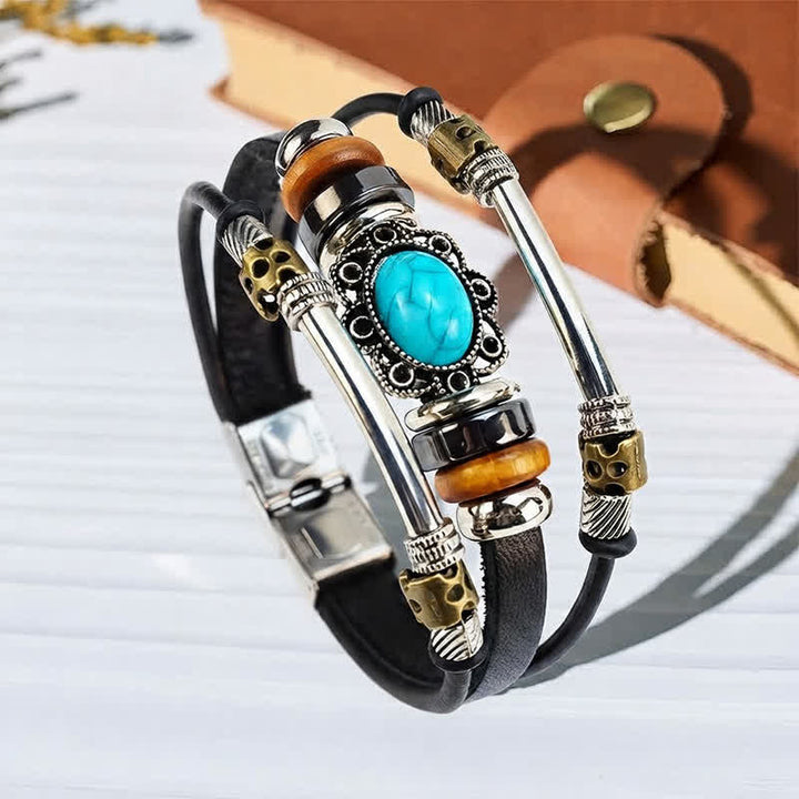 Bracelet en cuir tressé fait main style bohème avec breloque turquoise et breloque turquoise - Style n° 2 - image 3