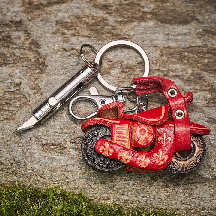 Couteau utilitaire rétractable EDC Mini et porte-clés moto en cuir vintage - image 6