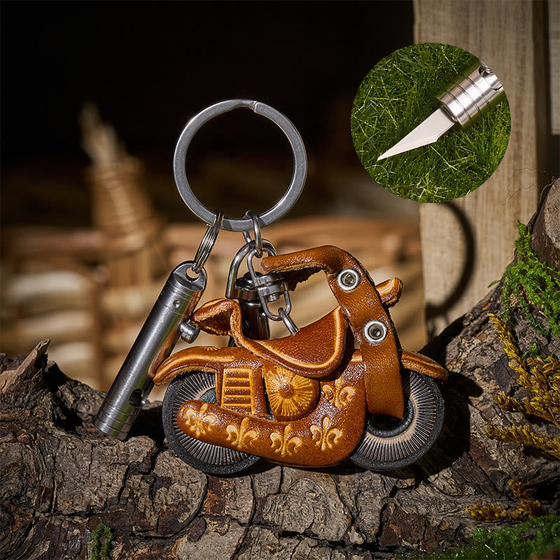 Couteau utilitaire rétractable EDC Mini et porte-clés moto en cuir vintage - Style n° 1 - image 0
