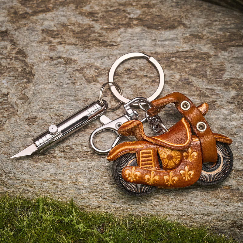 Couteau utilitaire rétractable EDC Mini et porte-clés moto en cuir vintage - image 3