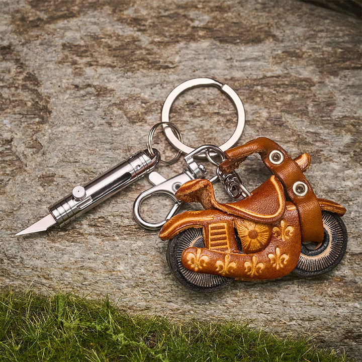 Couteau utilitaire rétractable EDC Mini et porte-clés moto en cuir vintage - image 3