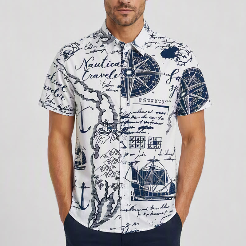 Chemise hawaïenne vintage à manches courtes pour homme, motif croquis nautique - image 1