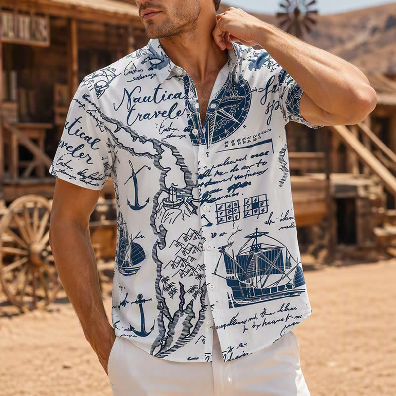 Chemise hawaïenne vintage à manches courtes pour homme, motif croquis nautique - Style n° 1 - 4XL - image 0