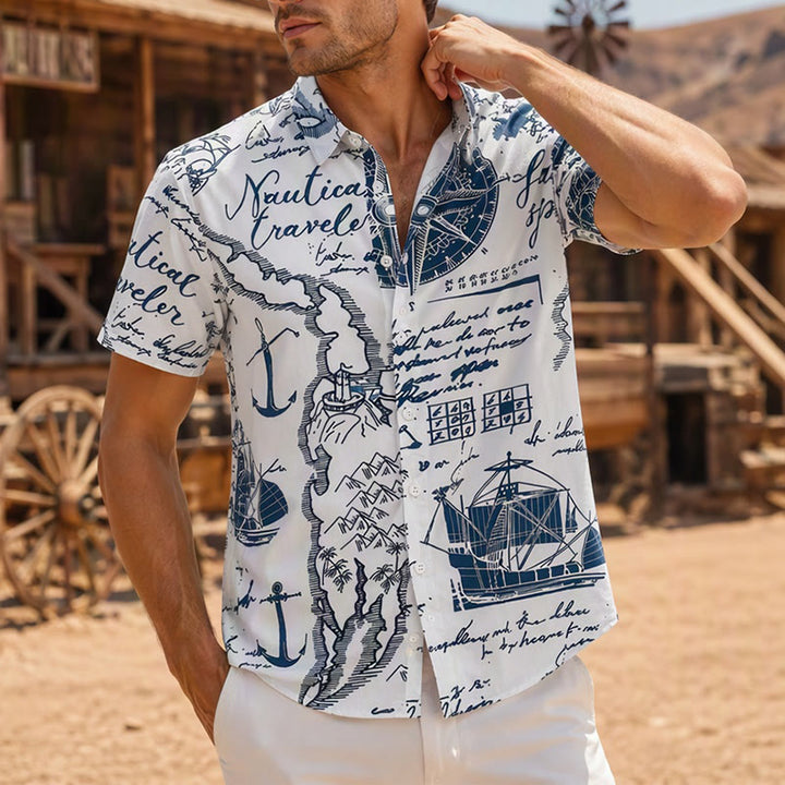 Chemise hawaïenne vintage à manches courtes pour homme, motif croquis nautique - Style n° 1 - 4XL - image 0