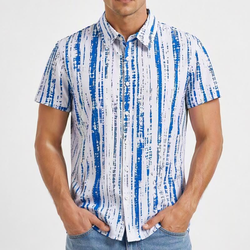 Chemise d'été à manches courtes pour homme, imprimé rayures vintage, boutons - image 1