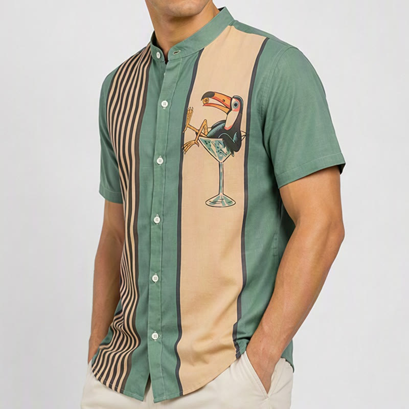 Chemise d'été pour homme à rayures verticales et imprimé cocktail toucan tropical - image 3