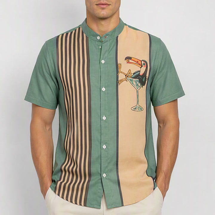Chemise d'été pour homme à rayures verticales et imprimé cocktail toucan tropical - image 1