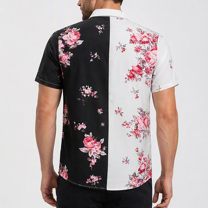 Chemise décontractée pour homme, noire et blanche à imprimé floral rose contrasté - image 2