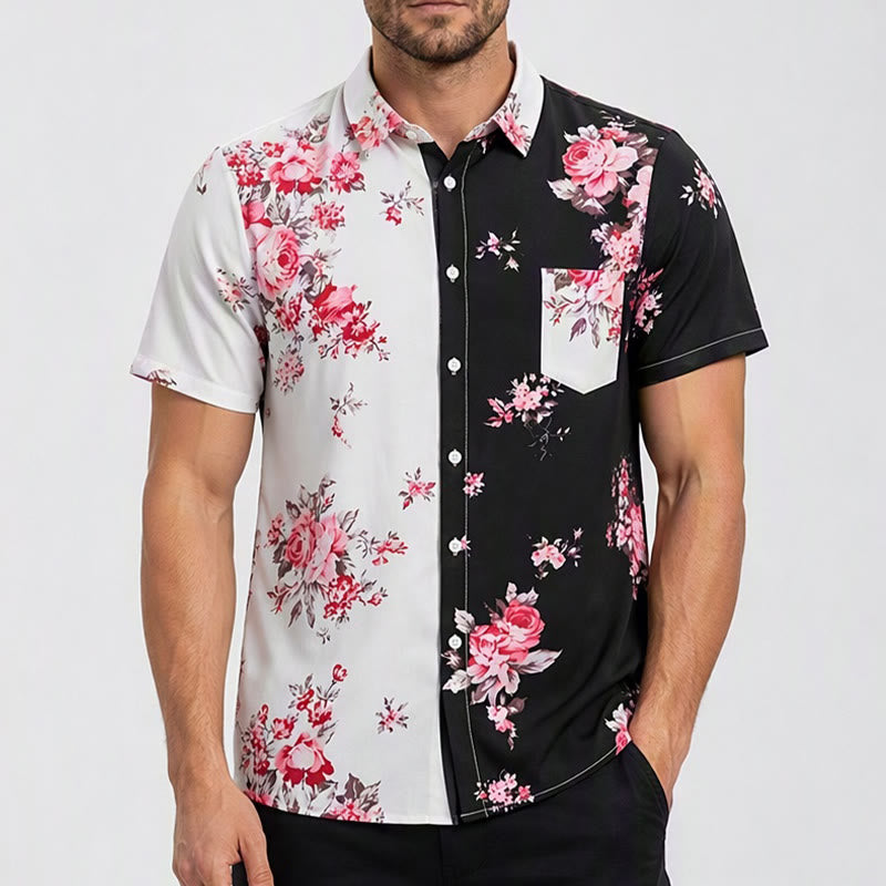 Chemise décontractée pour homme, noire et blanche à imprimé floral rose contrasté - image 1