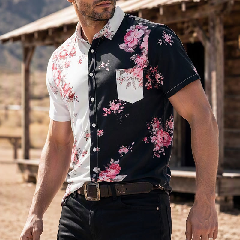 Chemise décontractée pour homme, noire et blanche à imprimé floral rose contrasté - Style n° 1 - 6XL - image 0