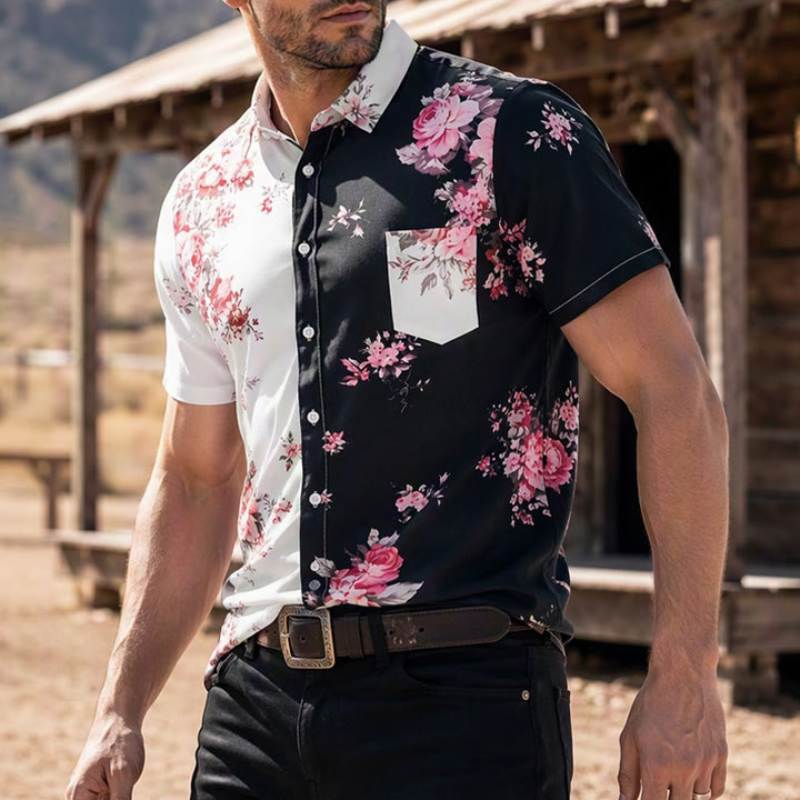 Chemise décontractée pour homme, noire et blanche à imprimé floral rose contrasté - Style n° 1 - 6XL - image 0