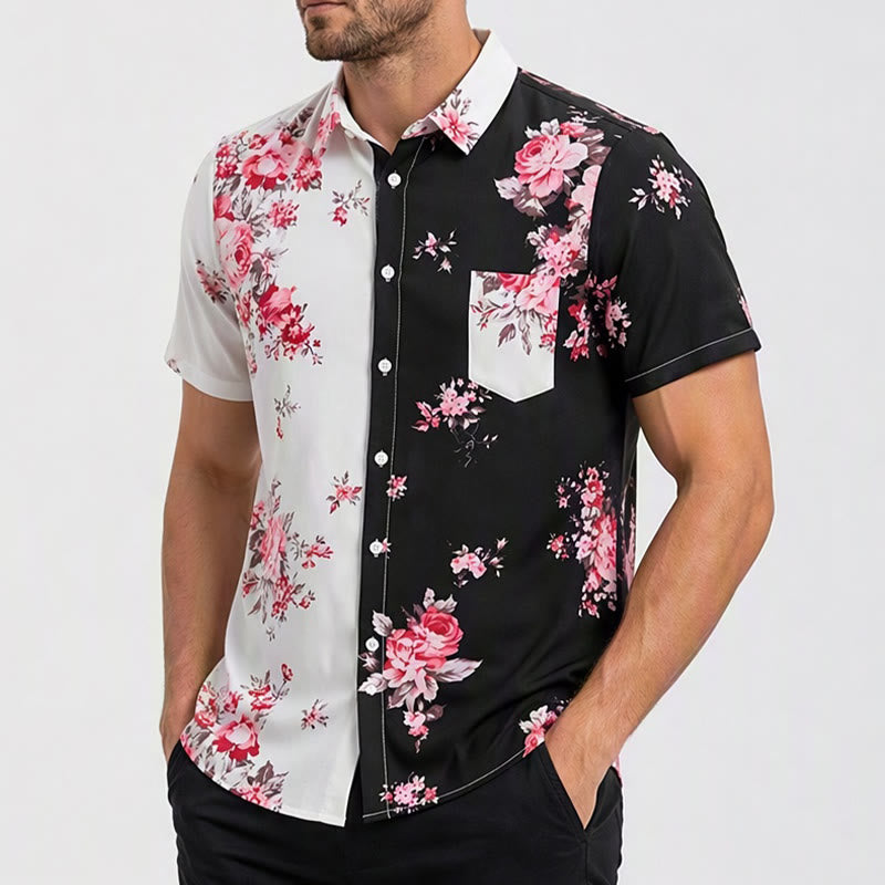 Chemise décontractée pour homme, noire et blanche à imprimé floral rose contrasté - image 3