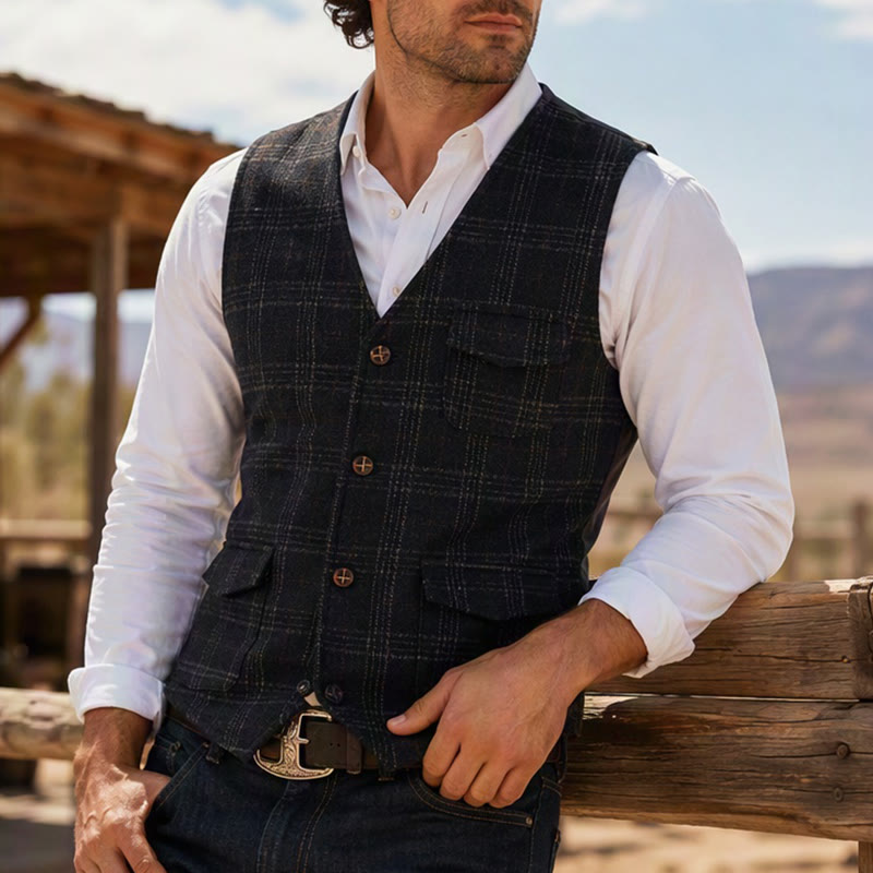 Gilet de costume léger à carreaux pour homme, style britannique, habillé et décontracté. - Noir - 2XL - image 0