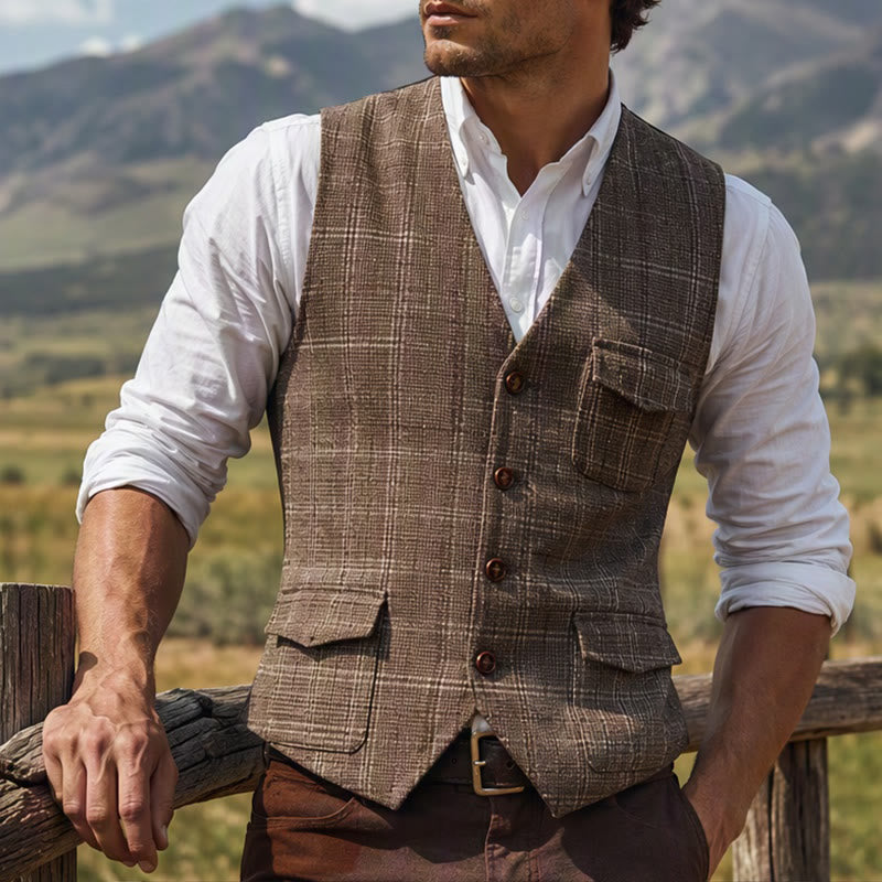 Gilet de costume léger à carreaux pour homme, style britannique, habillé et décontracté. - Kaki - 2XL - image 4