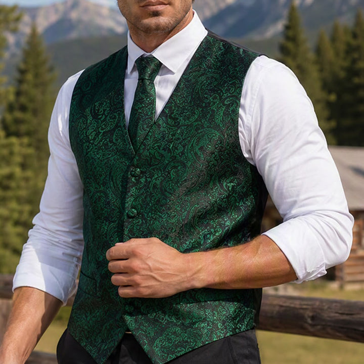 Gilet de costume 3 pièces pour homme, motif cachemire jacquard - Vert foncé - 2XL - image 6