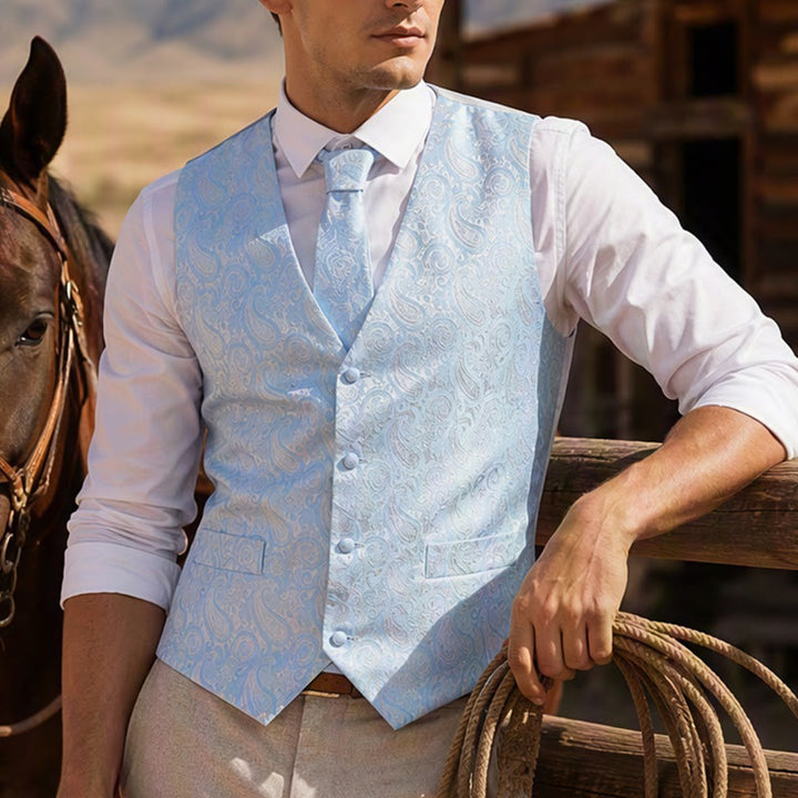 Gilet de costume 3 pièces pour homme, motif cachemire jacquard - Bleu clair - 2XL - image 0