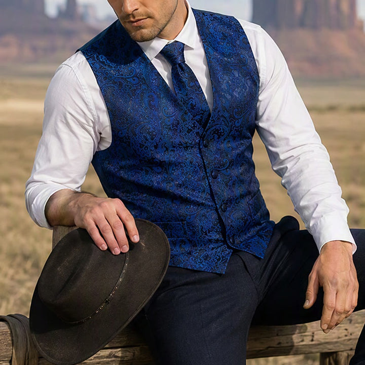 Gilet de costume 3 pièces pour homme, motif cachemire jacquard - Bleu foncé - 2XL - image 5