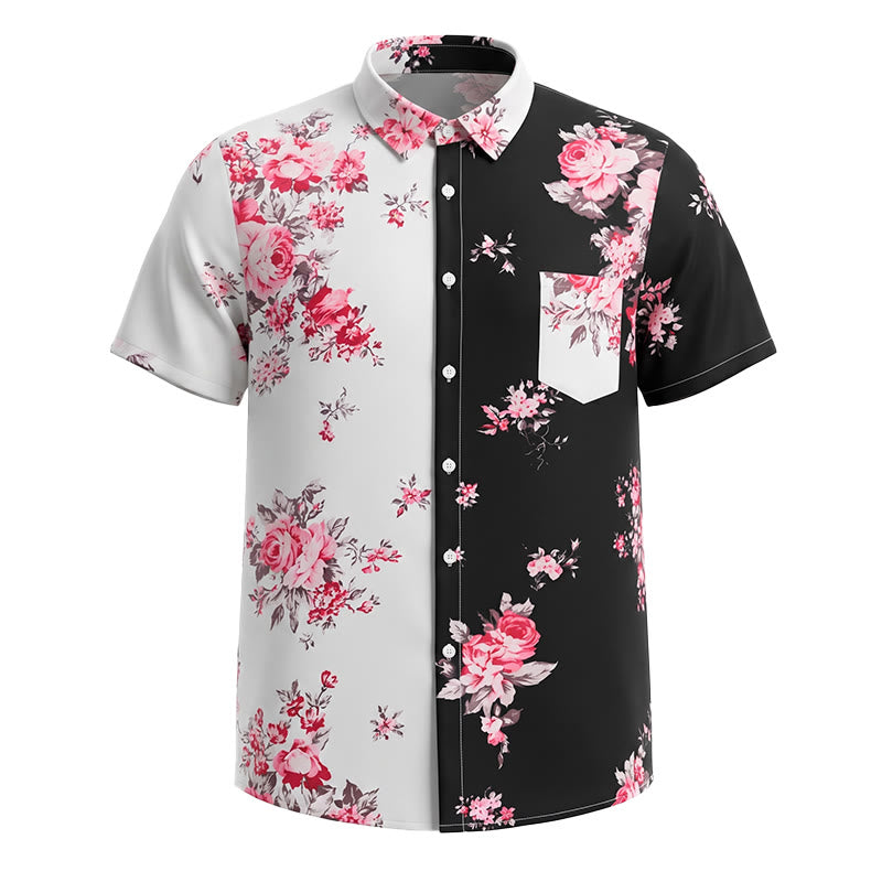 Chemise décontractée pour homme, noire et blanche à imprimé floral rose contrasté - image 10