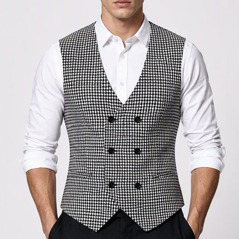Gilet de costume homme à col en U croisé et motif pied-de-poule - image 1