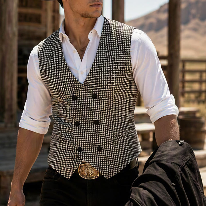 Gilet de costume homme à col en U croisé et motif pied-de-poule - Noir - L - image 0