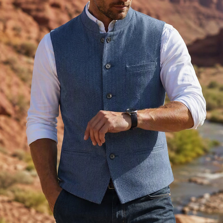 Gilet de costume pour homme en tweed à chevrons et col mandarin - Bleu - 3XL - image 13