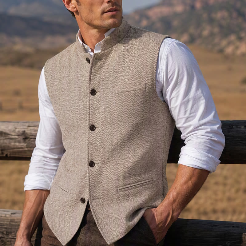 Gilet de costume pour homme en tweed à chevrons et col mandarin - Champagne - 3XL - image 17
