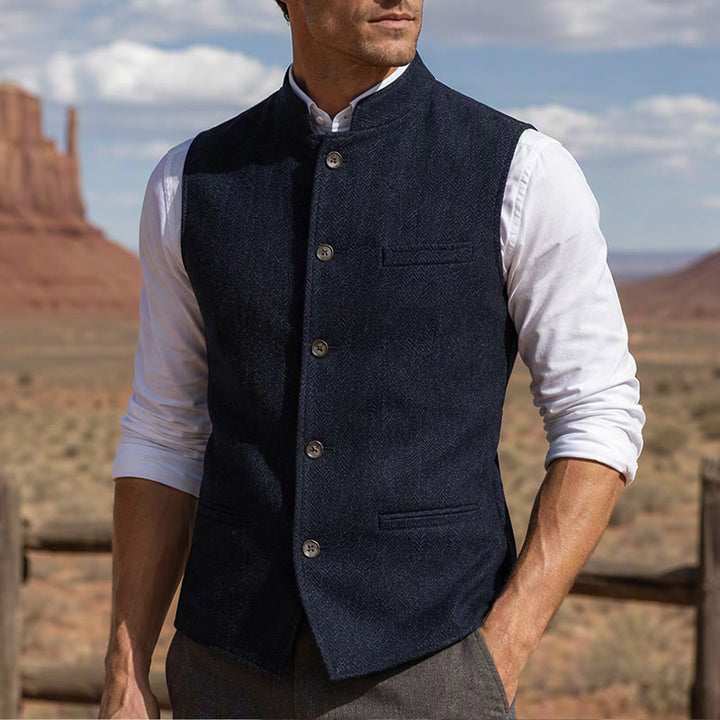 Gilet de costume pour homme en tweed à chevrons et col mandarin - Bleu marine - 3XL - image 12