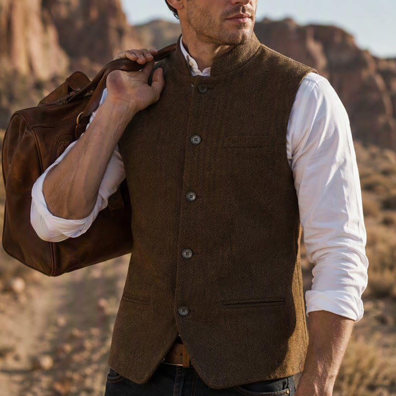 Gilet de costume pour homme en tweed à chevrons et col mandarin - Brun - 3XL - image 16