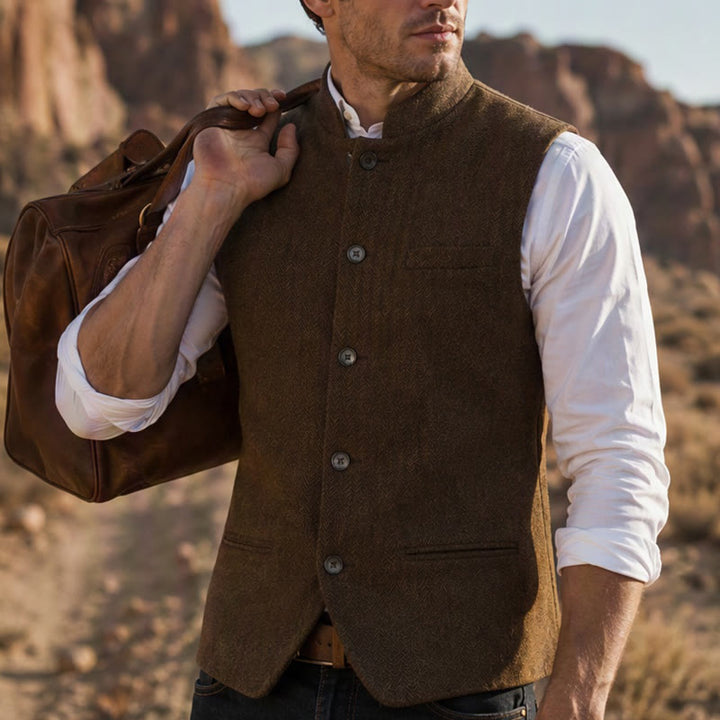 Gilet de costume pour homme en tweed à chevrons et col mandarin - Brun - 3XL - image 16