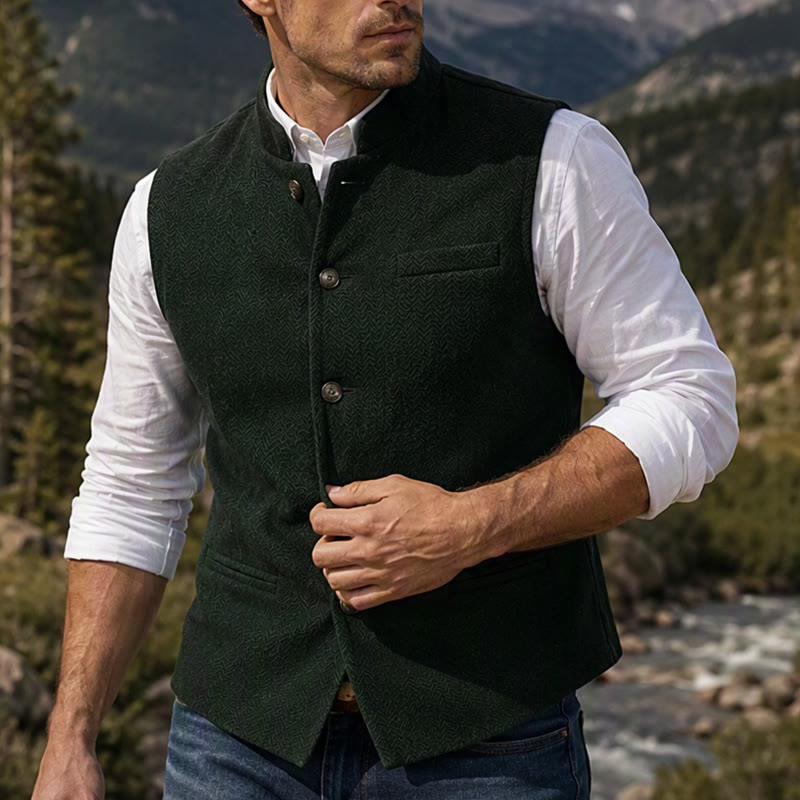 Gilet de costume pour homme en tweed à chevrons et col mandarin - Vert armée - 3XL - image 10