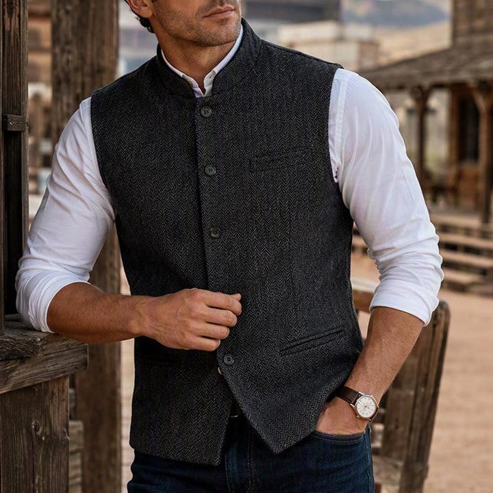 Gilet de costume pour homme en tweed à chevrons et col mandarin - Noir - 3XL - image 6