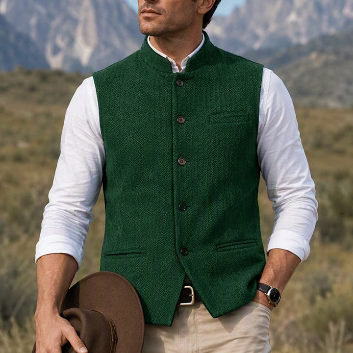 Gilet de costume pour homme en tweed à chevrons et col mandarin - Vert - 3XL - image 9