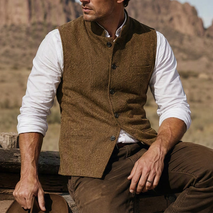 Gilet de costume pour homme en tweed à chevrons et col mandarin - Café - 3XL - image 15