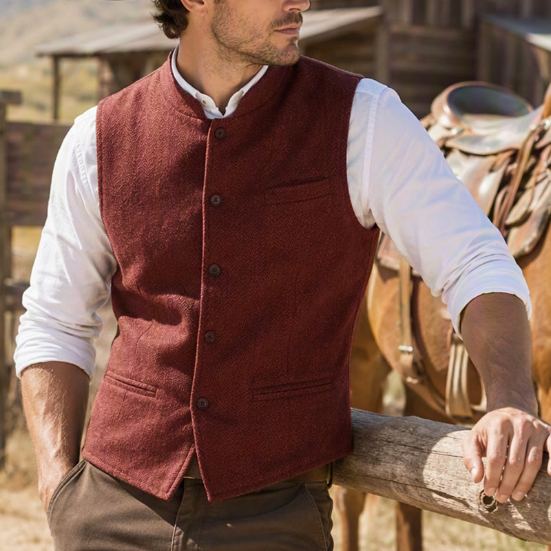 Gilet de costume pour homme en tweed à chevrons et col mandarin - Orange - 3XL - image 0