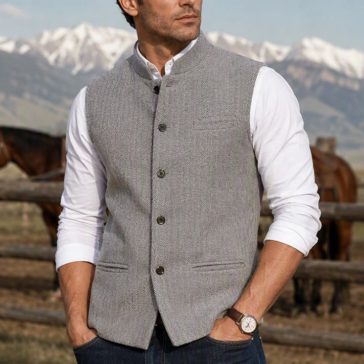 Gilet de costume pour homme en tweed à chevrons et col mandarin - Argent - 3XL - image 5