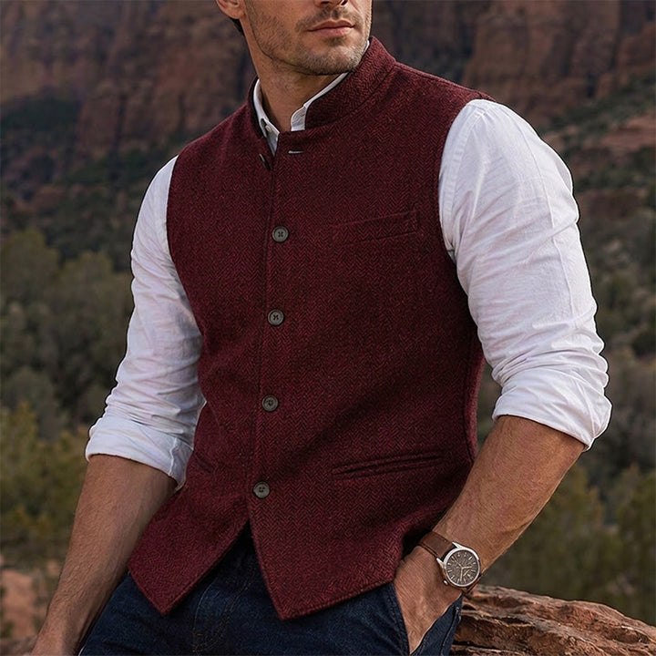 Gilet de costume pour homme en tweed à chevrons et col mandarin - Vin - 3XL - image 8