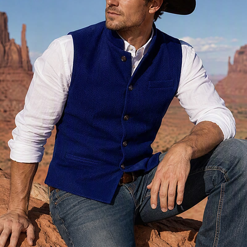 Gilet de costume pour homme en tweed à chevrons et col mandarin - Bleu royal - 3XL - image 11