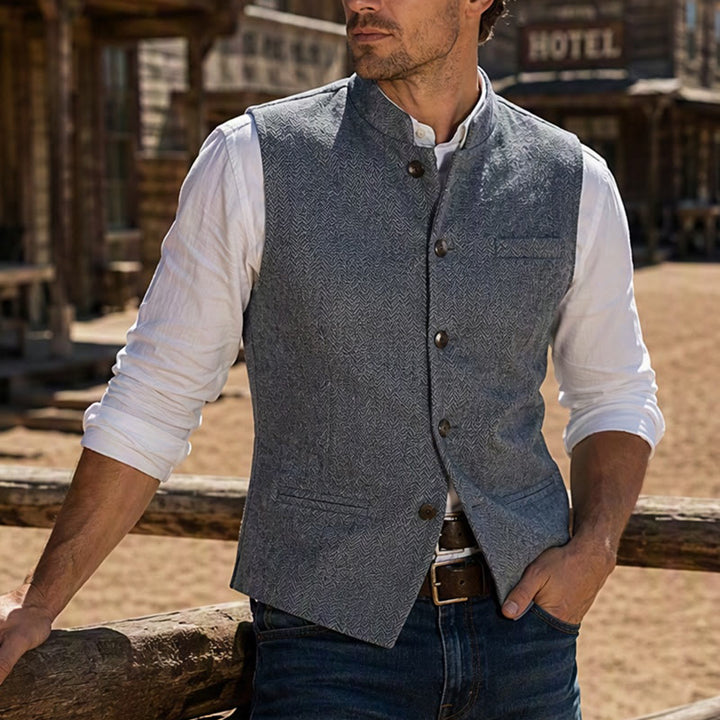 Gilet de costume pour homme en tweed à chevrons et col mandarin - Bleu marine clair - 3XL - image 14