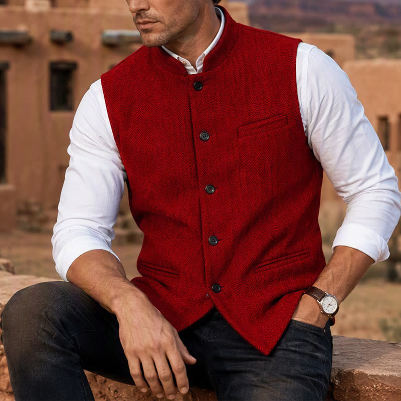 Gilet de costume pour homme en tweed à chevrons et col mandarin - Rouge - 3XL - image 7