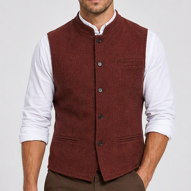Gilet de costume pour homme en tweed à chevrons et col mandarin - image 1